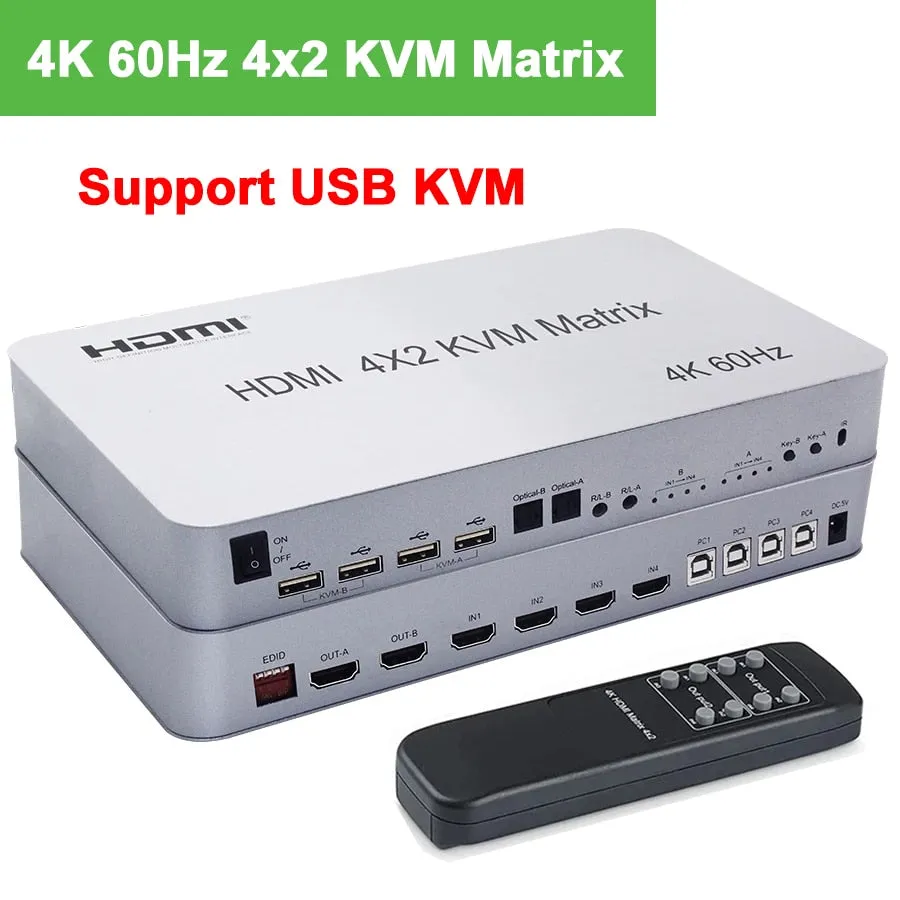 4K 60Hz Matrix HDMI KVM Switch 4x2 4 In 2 Out KVM Switcher Dual Monitor 4 Port KVM Switch Matrix Switcher HDMI USB PC 4 Computer