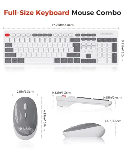 AULA Wireless Keyboard and Mouse, 2.4G Silent Full-Size 108 Keys Retro Computer Keyboard and Mouse Combo with Number Pad & Long Battery Life, 1600 DPI USB Mouse, Cordless Keyboard for Laptop PC Window