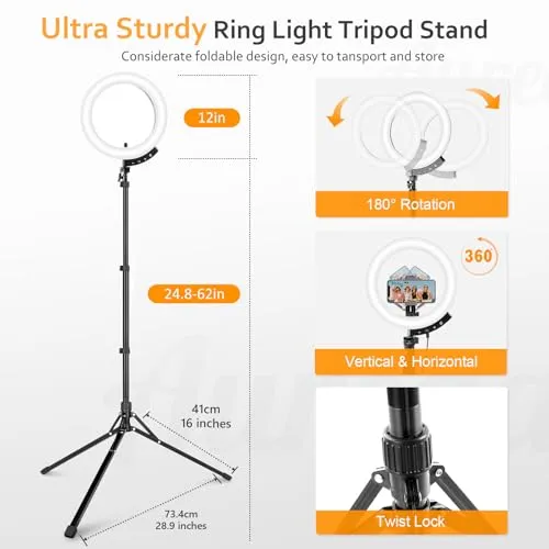 Aureday 12'' Selfie Ring Light with 62'' Tripod Stand and Magnetic Phone Holder, LED Ringlight for Recording/TikTok/Makeup/Photography, Circle Fill Light with Wireless Remote for iPhone&Android Phones