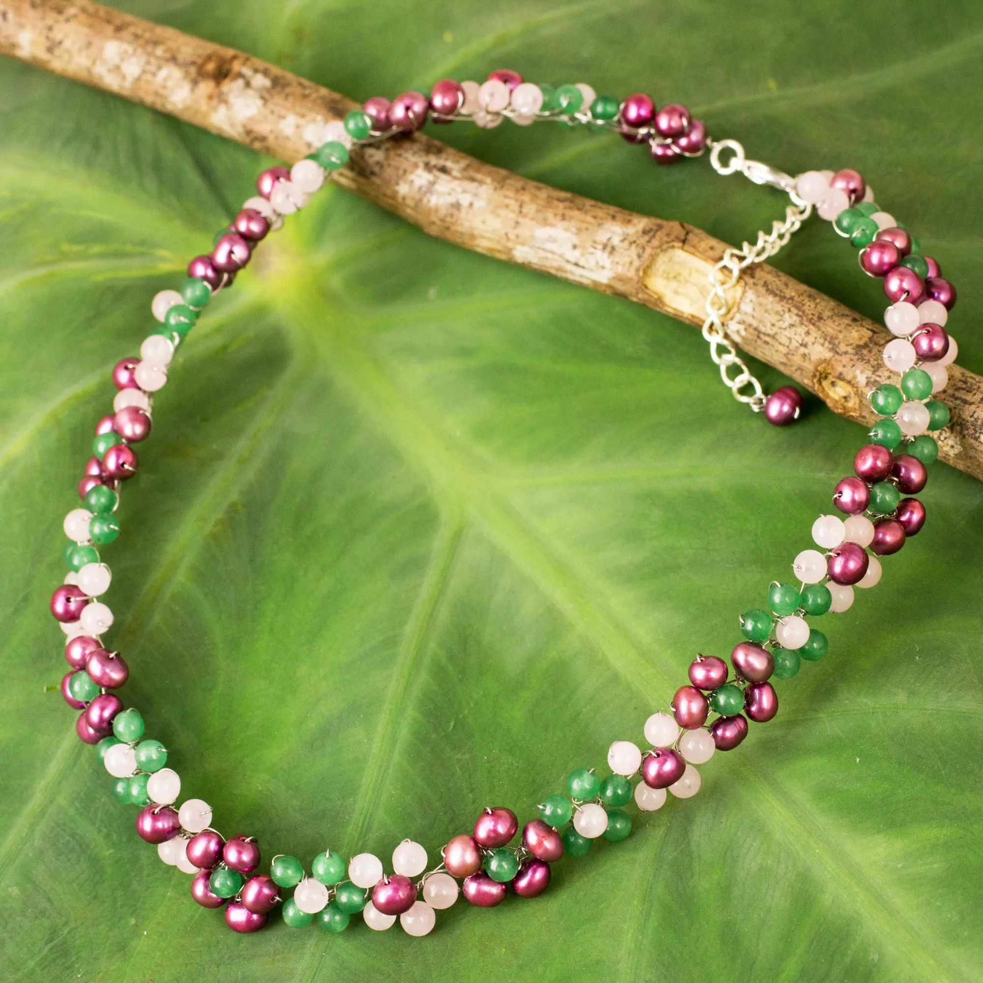 Blossoming Rainbow Artisan Crafted Pearl and Quartz Beaded Floral Necklace