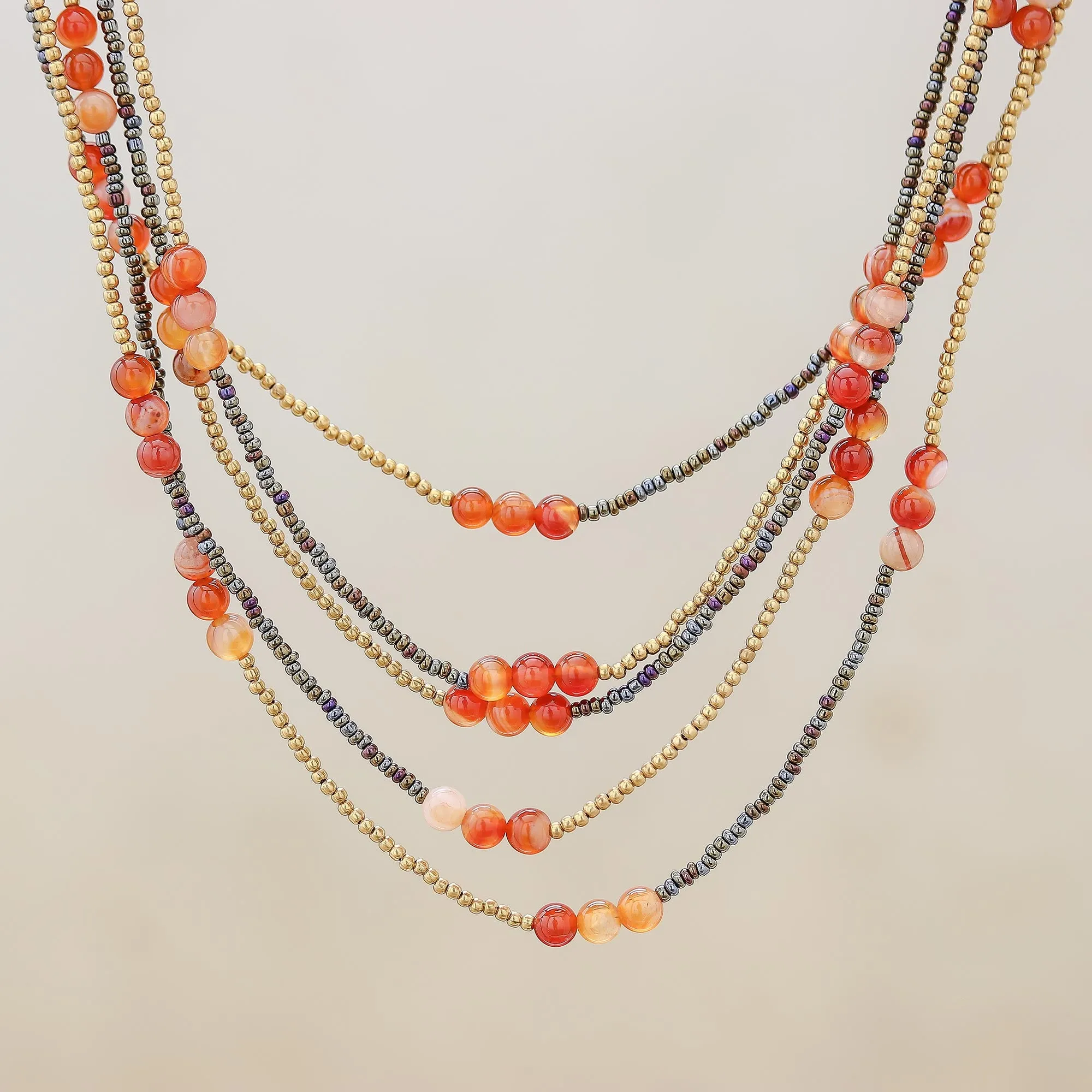 Boho Elegance in Red-Orange Carnelian Beaded Strand Necklace from Thailand