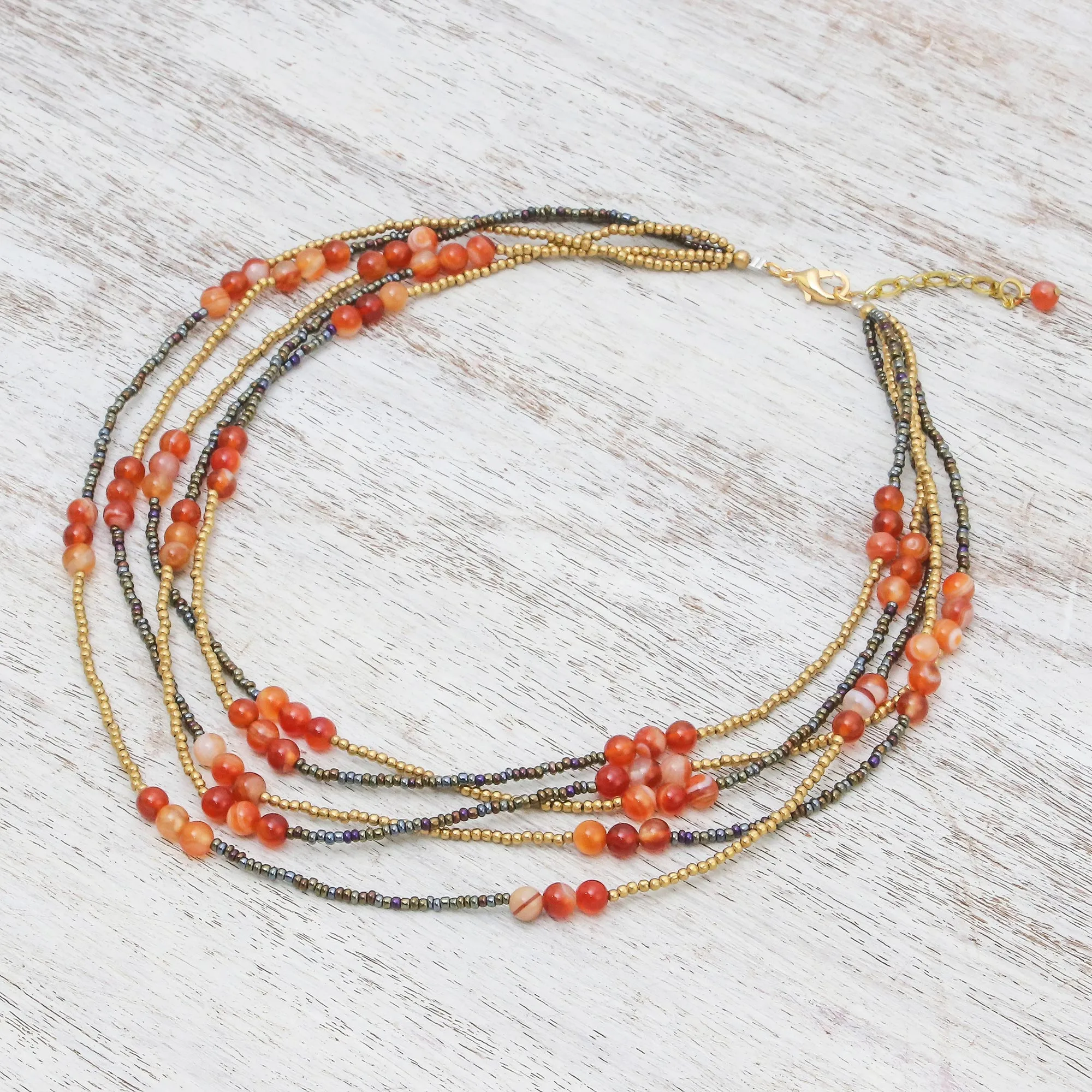 Boho Elegance in Red-Orange Carnelian Beaded Strand Necklace from Thailand