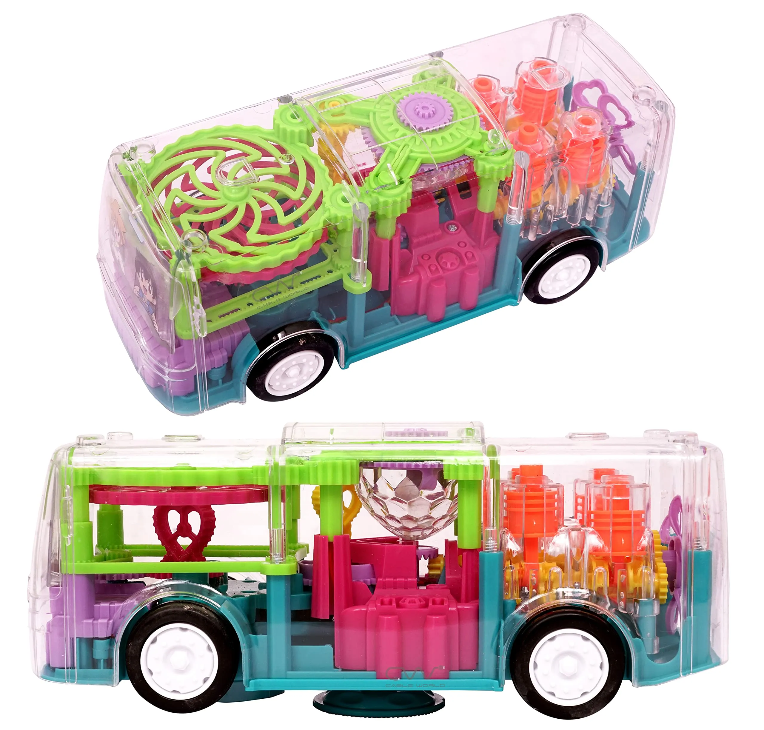 Cable World Transparent 3D Bus Toy 360 Degree Rotation, Gear Simulation Mechanical Bus Sound and Light Toy for 2-5 Years Boys and Girls