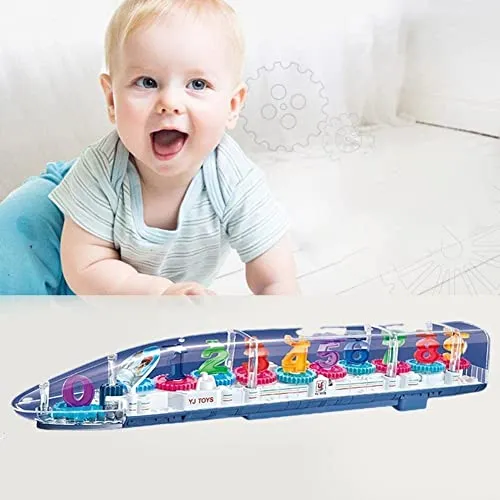 Cable World® Transparent 3D Train Toy 360 Degree Rotation, Gear Simulation Mechanical Train Sound and Light Toy for 2-5 Years Boys and Girls