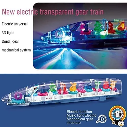 Cable World® Transparent 3D Train Toy 360 Degree Rotation, Gear Simulation Mechanical Train Sound and Light Toy for 2-5 Years Boys and Girls