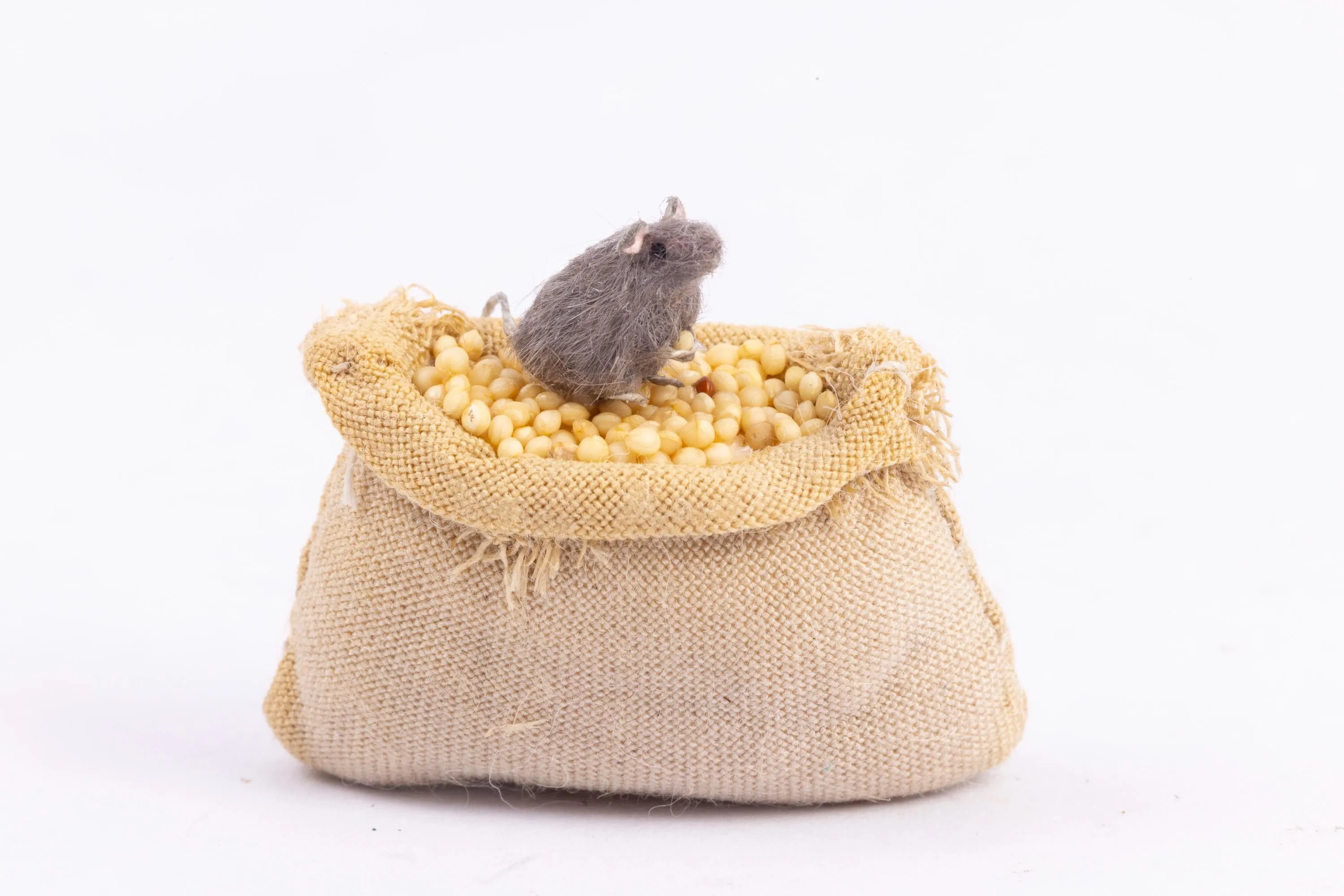 Dollhouse Miniature ~ Mouse Inside Sack of Feed, Good For Halloween - Ursula Sauerberg Estate