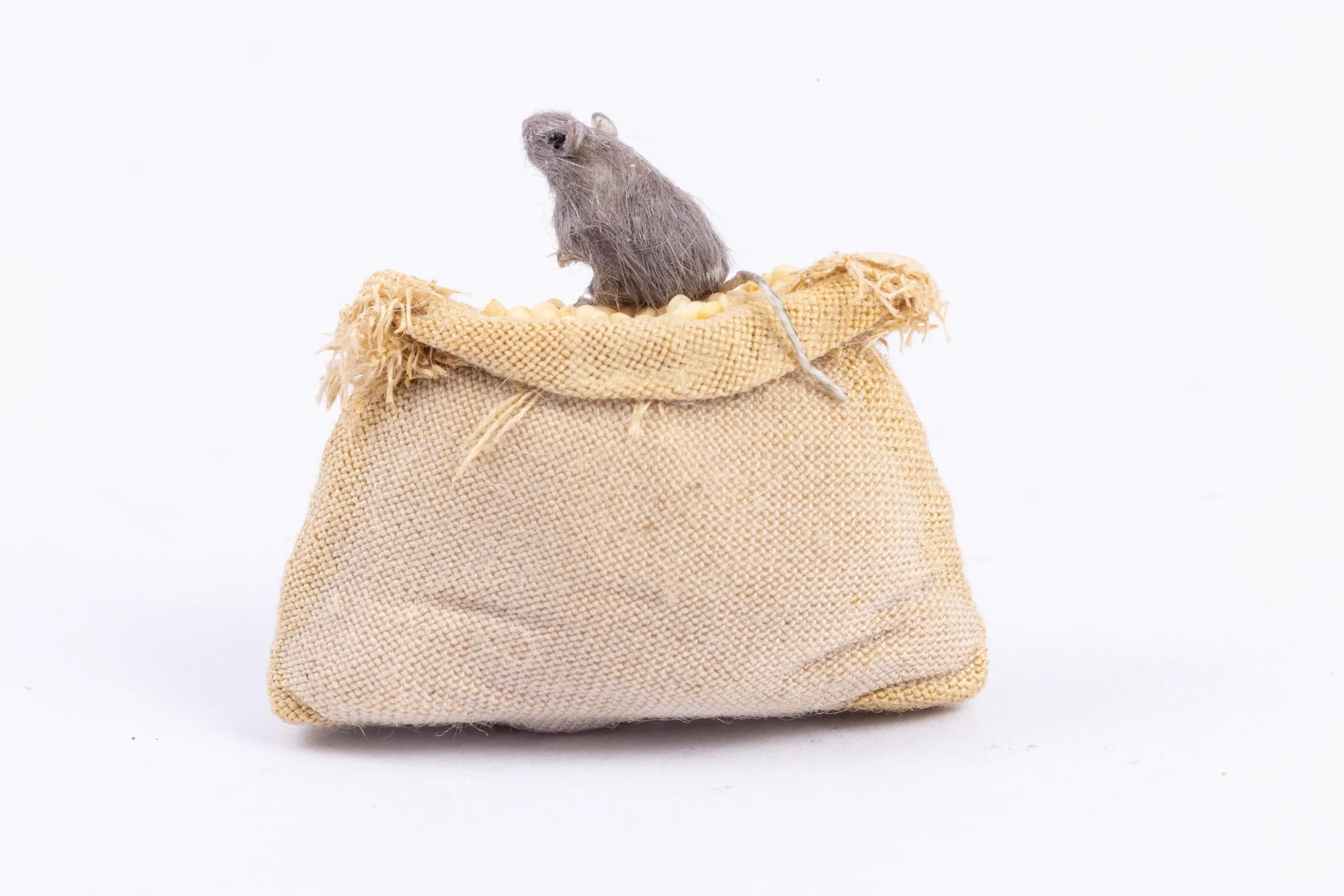 Dollhouse Miniature ~ Mouse Inside Sack of Feed, Good For Halloween - Ursula Sauerberg Estate