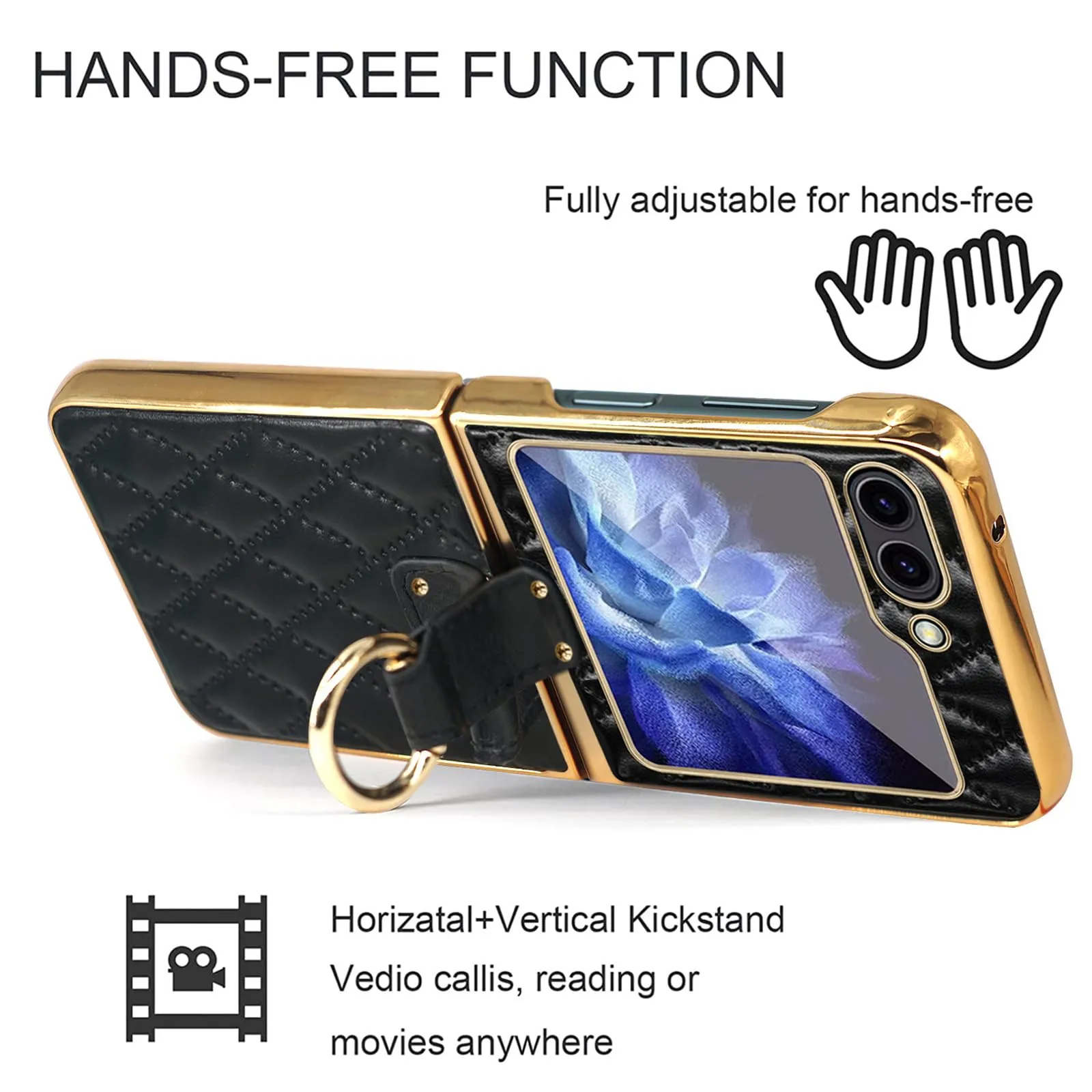 Electroplated Golden Frame PU Leather Phone Case with Ring Holder Kickstand For Samsung Galaxy Z Flip 5