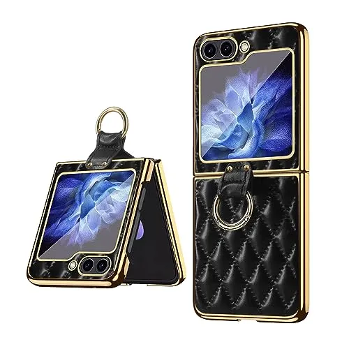 Electroplated Golden Frame PU Leather Phone Case with Ring Holder Kickstand For Samsung Galaxy Z Flip 5