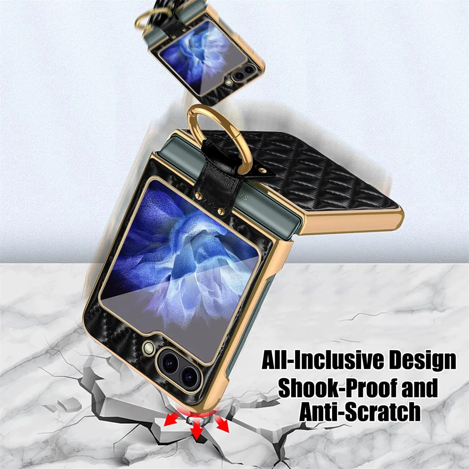 Electroplated Golden Frame PU Leather Phone Case with Ring Holder Kickstand For Samsung Galaxy Z Flip 5