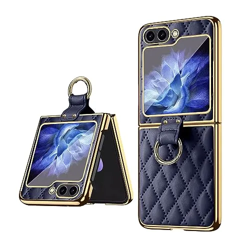 Electroplated Golden Frame PU Leather Phone Case with Ring Holder Kickstand For Samsung Galaxy Z Flip 5