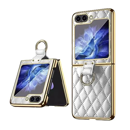 Electroplated Golden Frame PU Leather Phone Case with Ring Holder Kickstand For Samsung Galaxy Z Flip 5