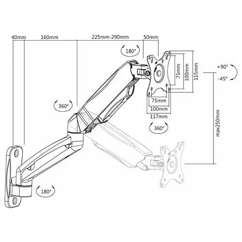 Gas Spring Monitor Mount -SH W1011H (Fits Most 17")