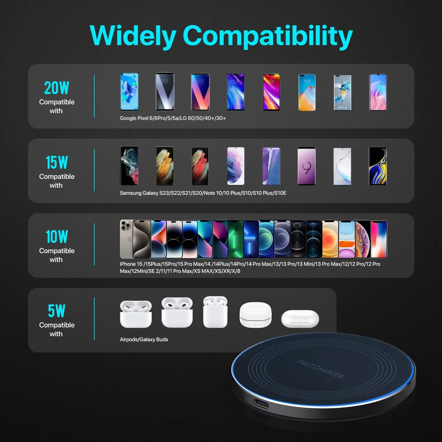 iPhone Fast Wireless Charger Compatible Samsung Galaxy S24 S23 S22 S21 S20 FE Wireless Charger