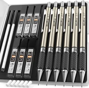 Nicpro 0.7 mm Art Mechanical Pencils Set, 6 PCS Metal Drafting Pencil 0.7mm with 6 Tube HB Lead Refills & 18 PCS Cap Eraser Refills for Adults, Children, Artist Writing, Drawing, Sketching