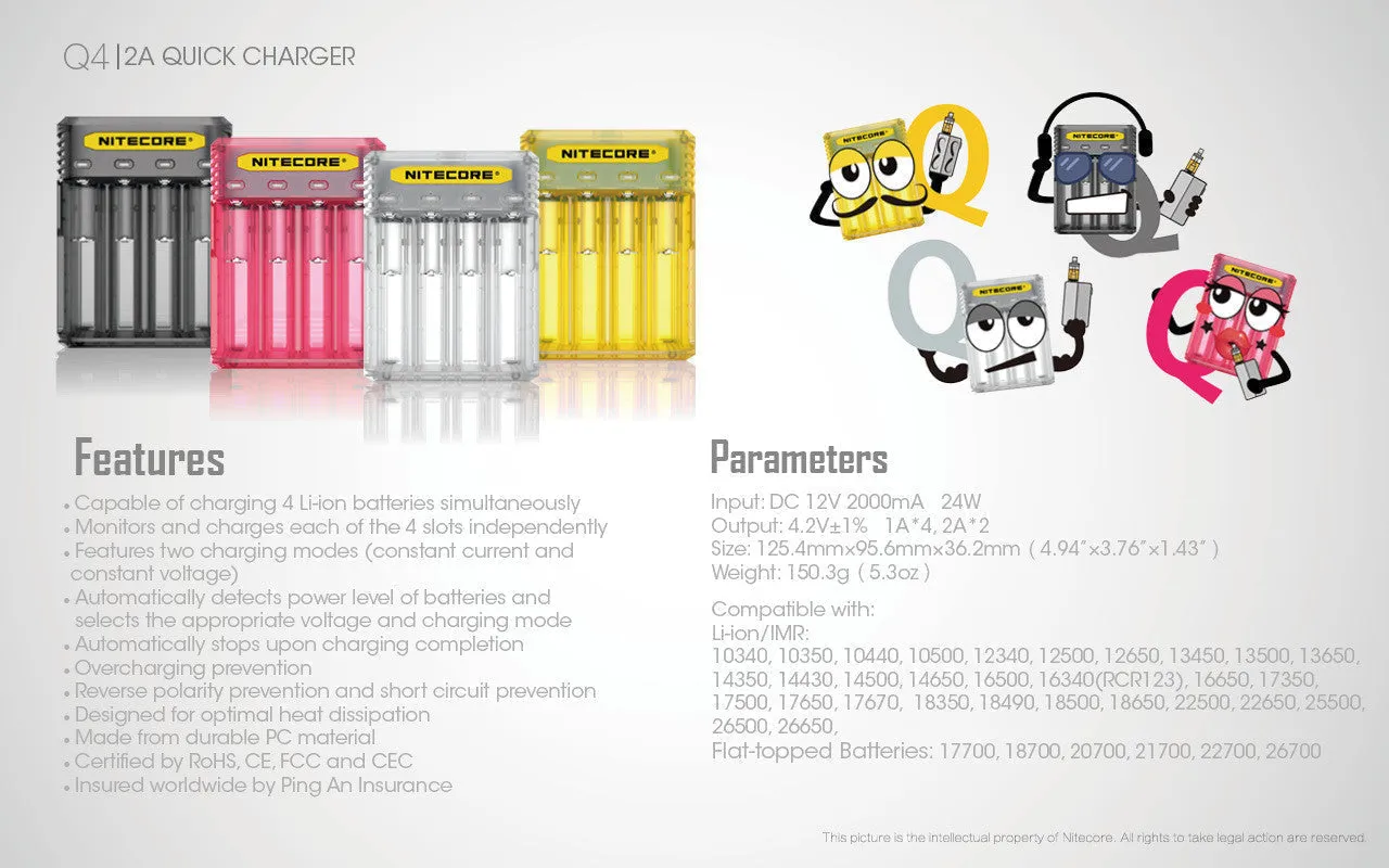 Nitecore Q4 4-Slot Universal IMR/Li-Ion Battery Charger (Juicy Mango)