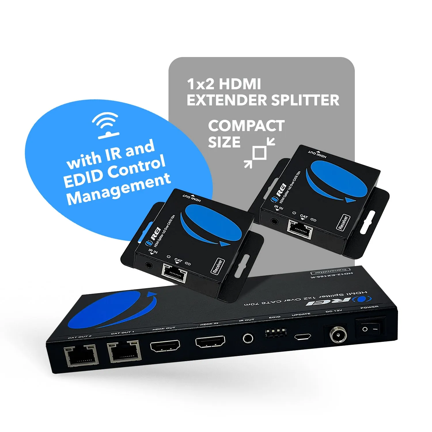 OREI 1x2 HDMI Extender Splitter Over CAT6/7 Up To 165 Ft- Loop-Out, IR Control & EDID (HD12-EX165-K)