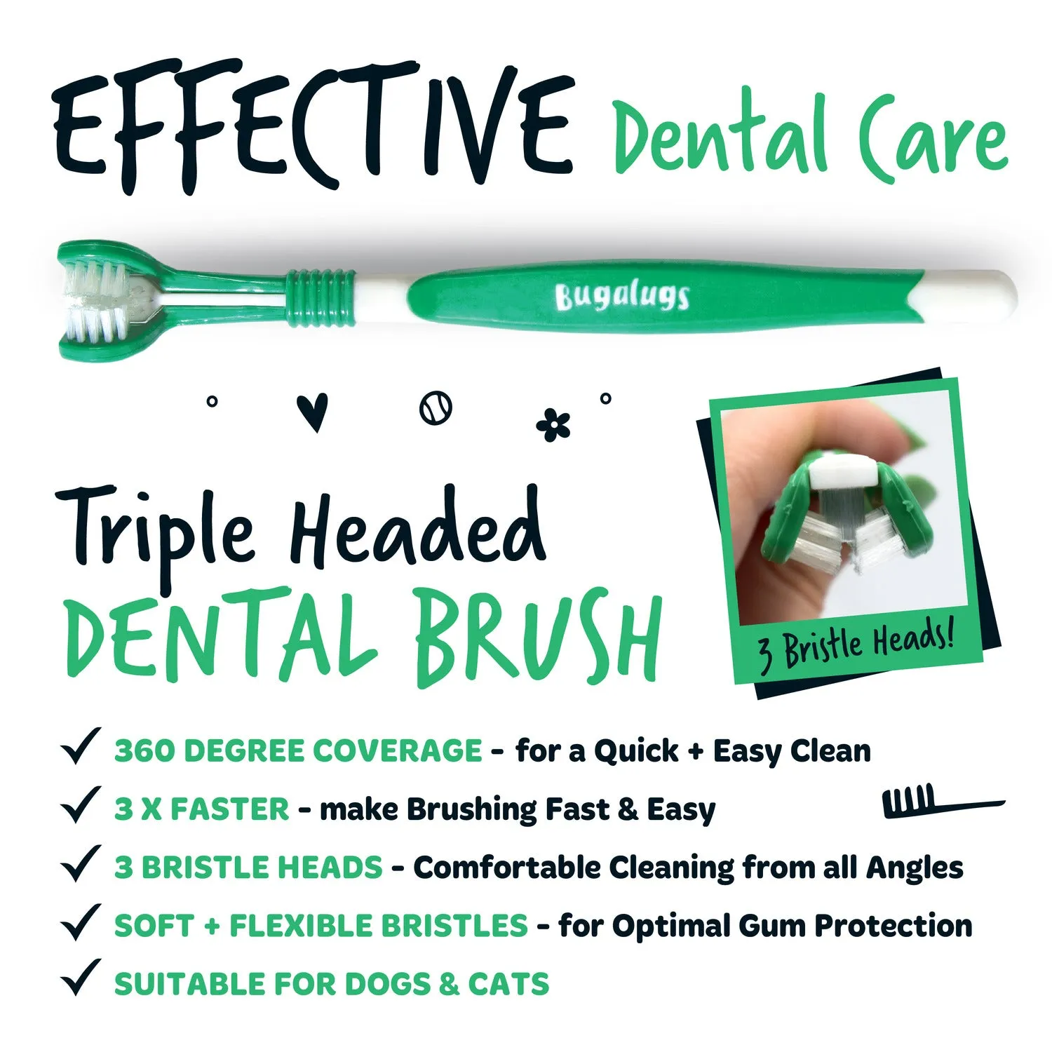 Pack of 2 Triple Headed Dental Care Toothbrushes for Dogs & Cats