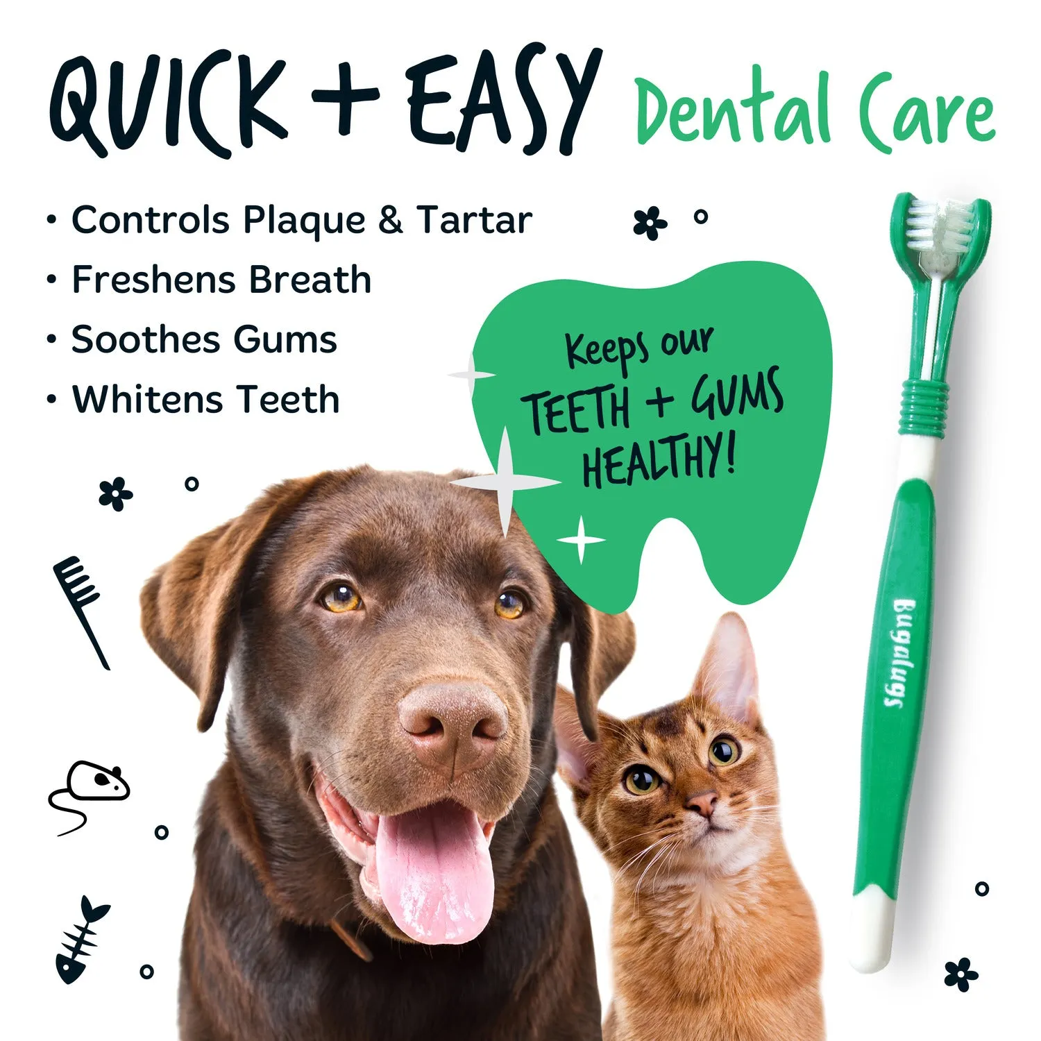 Pack of 2 Triple Headed Dental Care Toothbrushes for Dogs & Cats