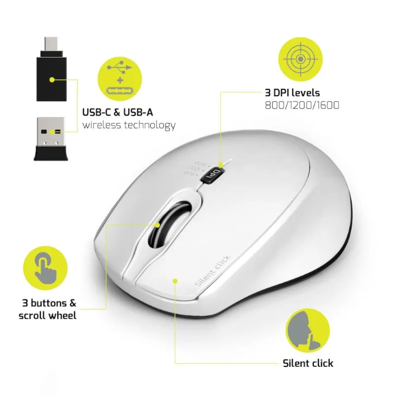 Port Wireless Silent 3600Dpi 3 Button Usb And Type-C Dongle Mouse - White