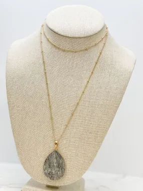 Semi Precious Oval Pendant Long Necklace - Gray