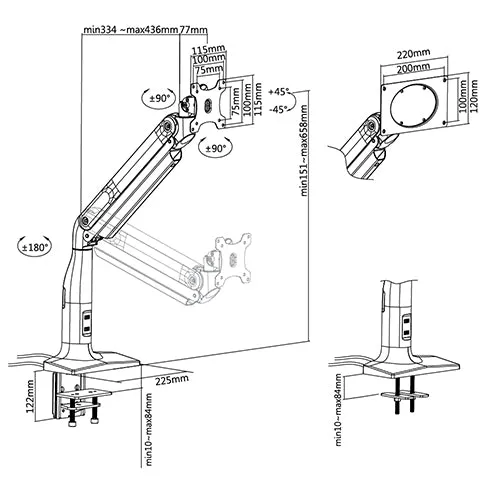 Single Monitor Gas Spring Aluminium Desktop Mount - SH 43 C011U (Fits Most 17" ~ 43")