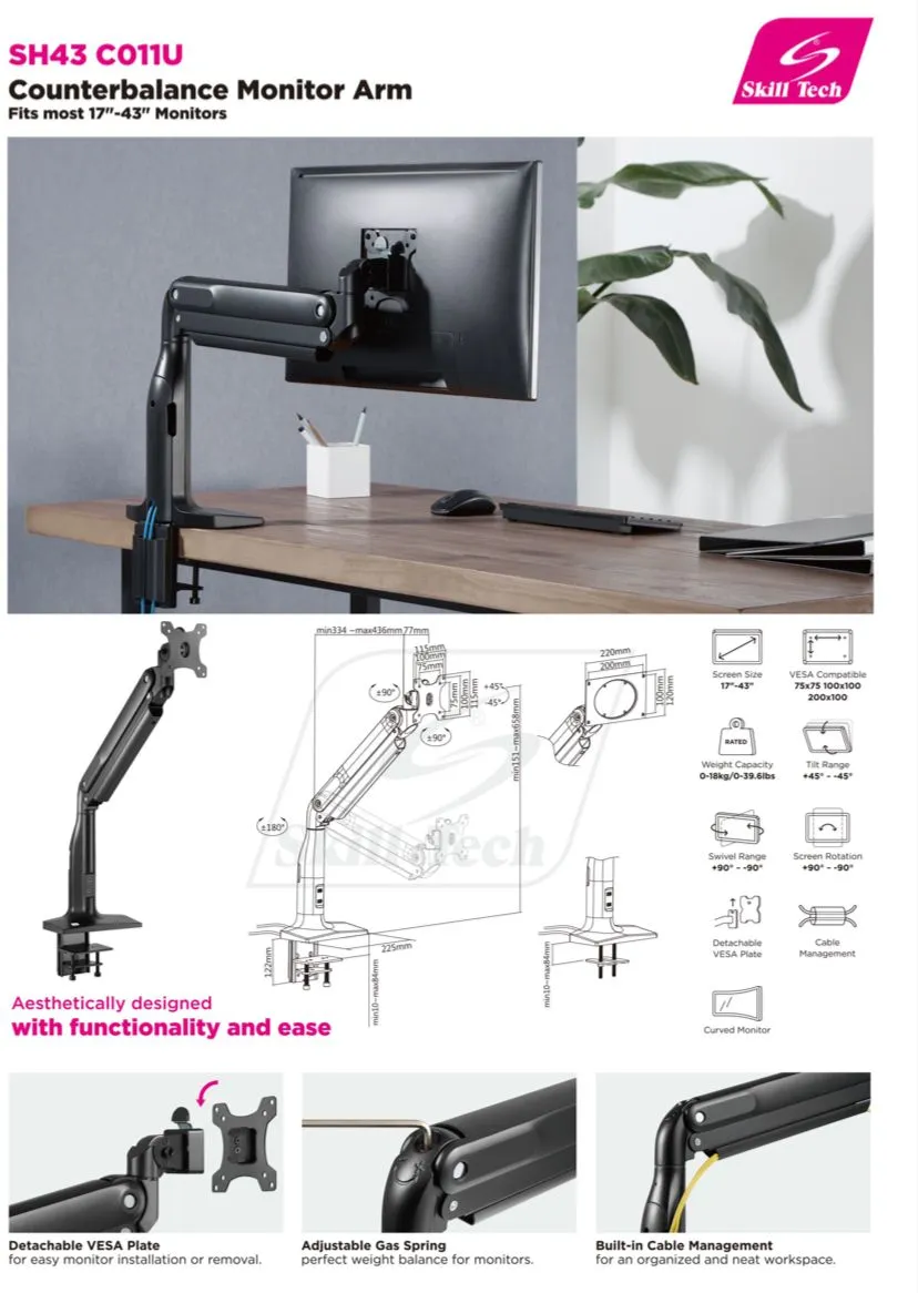 Single Monitor Gas Spring Aluminium Desktop Mount - SH 43 C011U (Fits Most 17" ~ 43")