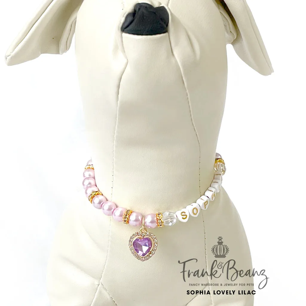 Sophia Lavender Rhinestone Heart Pearl Dog Necklace Luxury Pet Jewelry