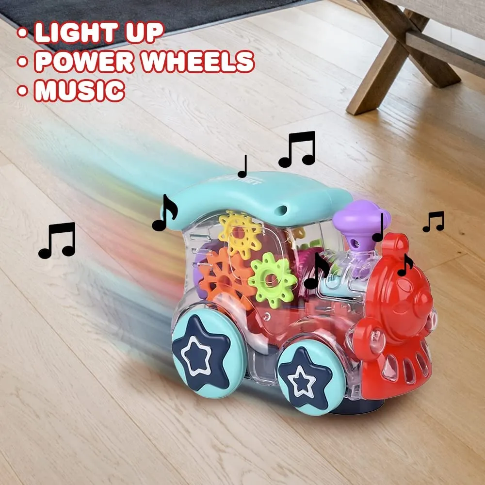 TEC TAVAKKAL Transparent Bump and Go Toys with 3D Lightning, Degree Rotation Concept Gear Light Train Engine, Moving Gears Music | Birthday Toy Gift for 1-10 Year Kids (Gear Engine Toy)