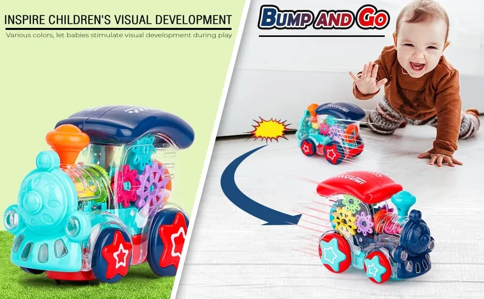 TEC TAVAKKAL Transparent Bump and Go Toys with 3D Lightning, Degree Rotation Concept Gear Light Train Engine, Moving Gears Music | Birthday Toy Gift for 1-10 Year Kids (Gear Engine Toy)