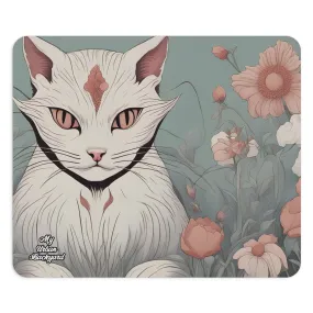 White Cat with Flowers, Computer Mouse Pad - for Home or Office