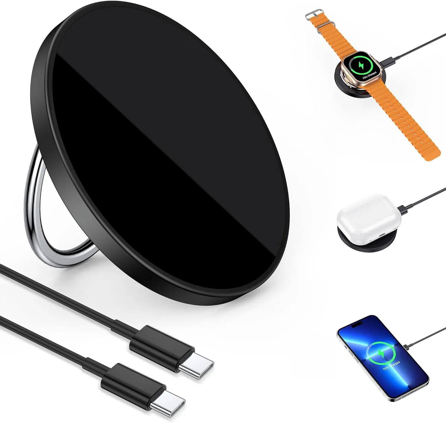 Wireless Charger 15W Fast Charging Pad Phone Ring Holder iPhone 12/13/14/15, Apple Watch 9/8/7/6/5/4/3/SE/Ultra/Ultra2, Airpods